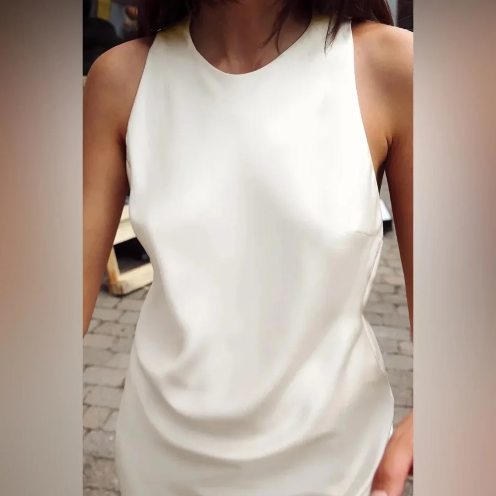 ZARA Ecru Satin Effect Midi goddess dress Open Twist Back Small NEW - Picture 5 of 11